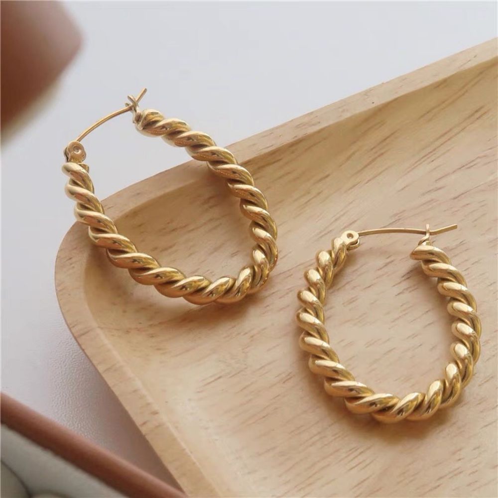 18K Gold Plated Oval Rope Parisian Style Hoop Earrings